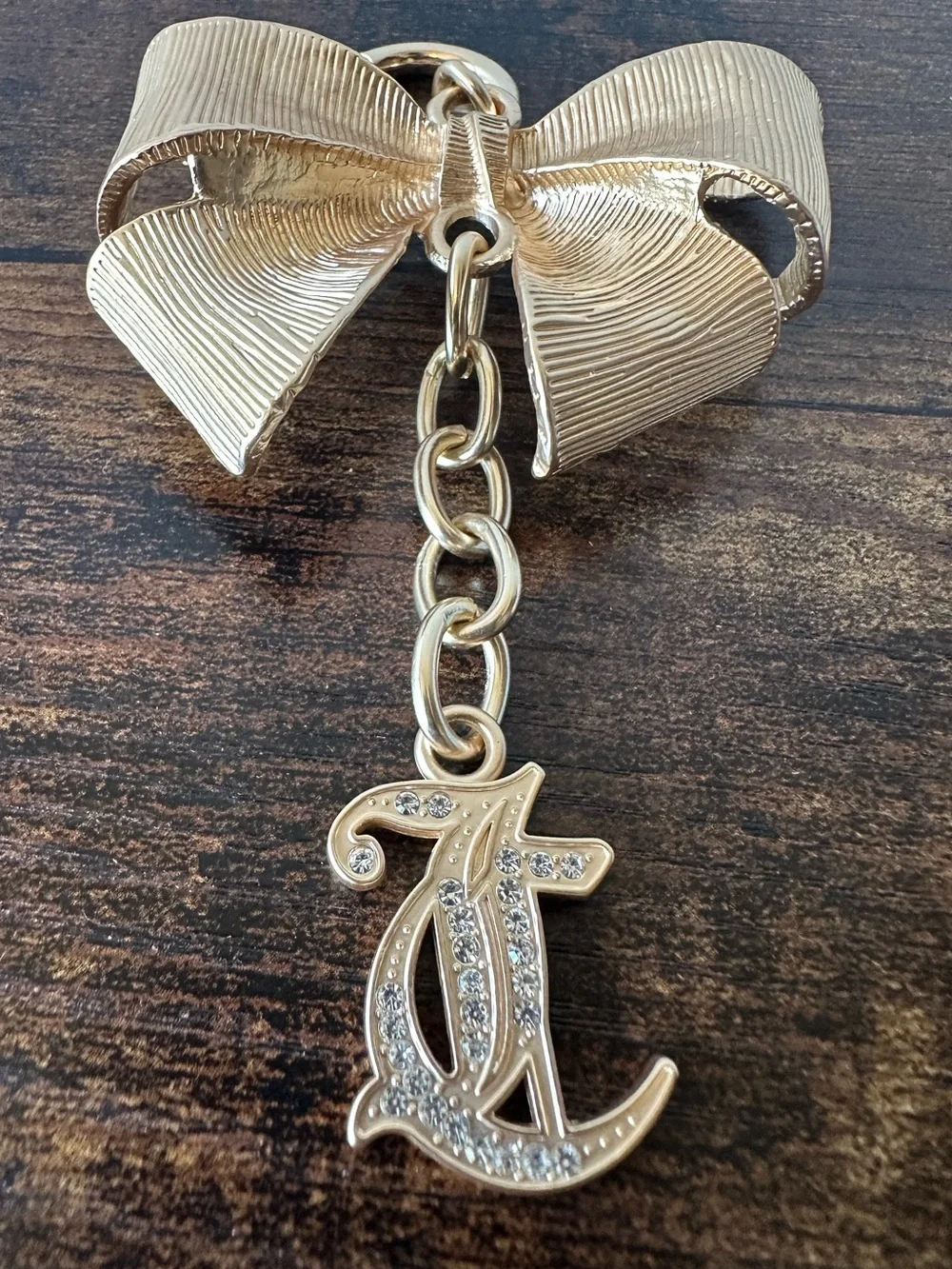 Juicy Couture Metal Gold Bow Bag Charm Keychain with Rhinestone JC Pendant NWOT